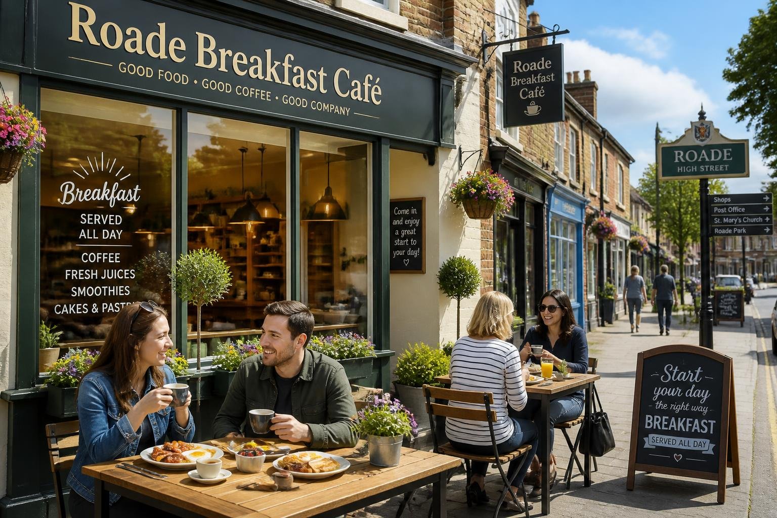 A cozy breakfast café on a small town high street with outdoor tables where people are enjoying breakfast dishes and coffee.