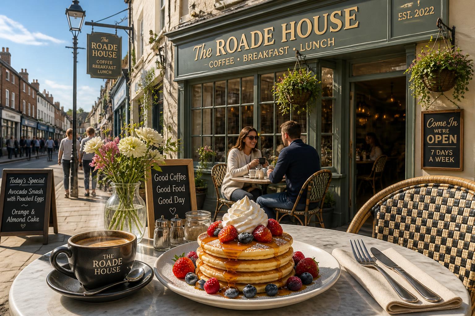 A breakfast table outside a cafe with sweet pancakes topped with berries and syrup, coffee, and flowers on a sunny day.